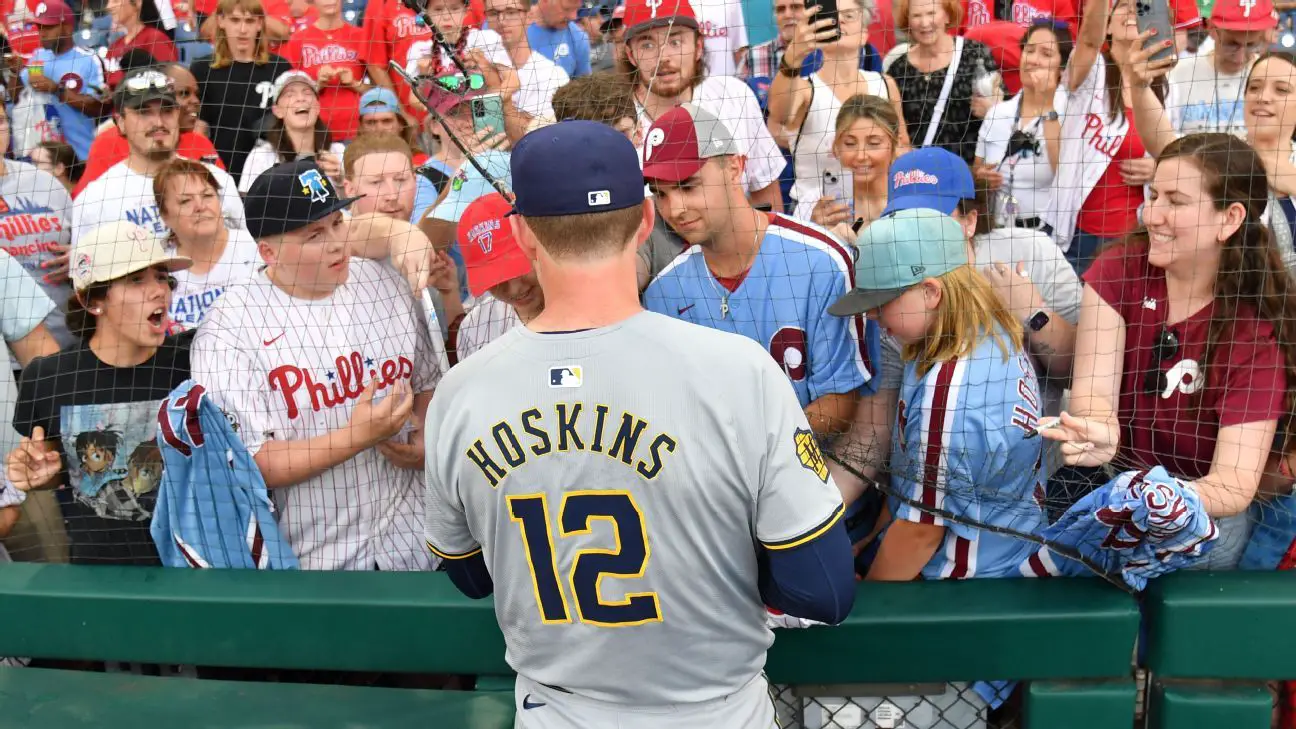 Brewers DH Rhys Hoskins homers in return to Philadelphia